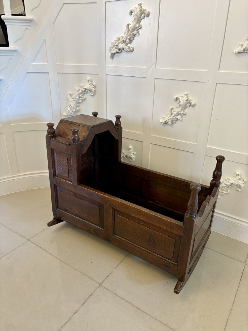 Antique William and Mary Quality Oak Panelled Rocking Crib